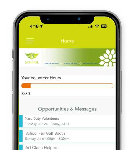 Parent Booker app screen listing volunteer opportunities tailored to parents’ children’s classes.